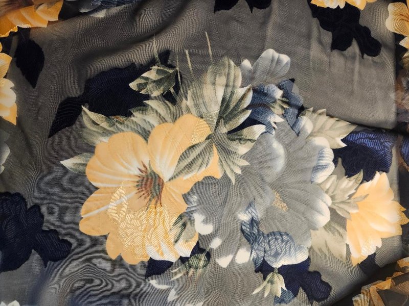 Image 4 of Womens Floral Scarf Navy Blue Green Gold Yellow Sheer By Liz Claiborne Vintage