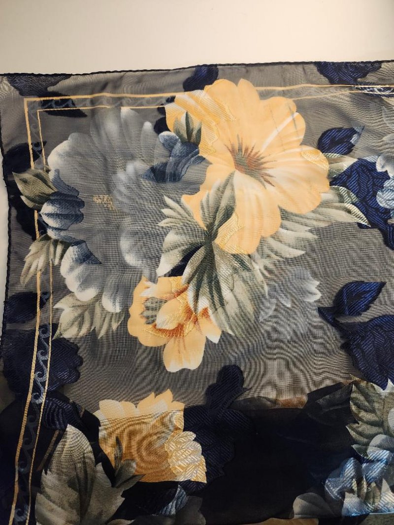Image 5 of Womens Floral Scarf Navy Blue Green Gold Yellow Sheer By Liz Claiborne Vintage