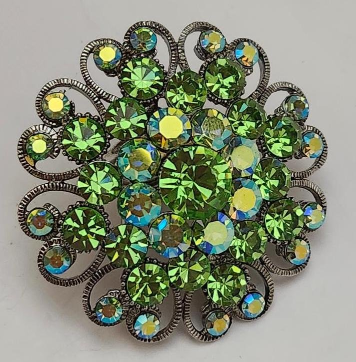 Image 0 of Vintage Cara Jewelry Aurora Borealis Green Scarf Brooch Rhinestones Sparkly