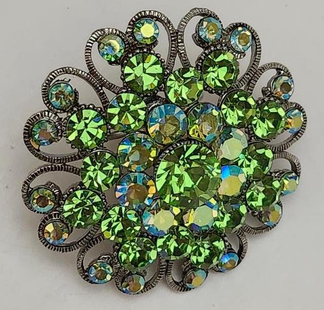Image 1 of Vintage Cara Jewelry Aurora Borealis Green Scarf Brooch Rhinestones Sparkly
