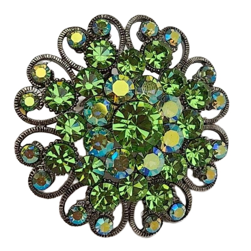 Vintage Cara Jewelry Aurora Borealis Green Scarf Brooch Rhinestones Sparkly