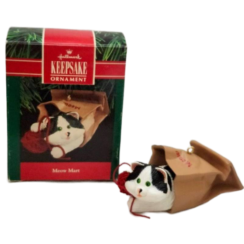 Image 0 of Hallmark Meow Mart Christmas Ornament Cat w/ Yarn in Brown Grocery Shopping Bag