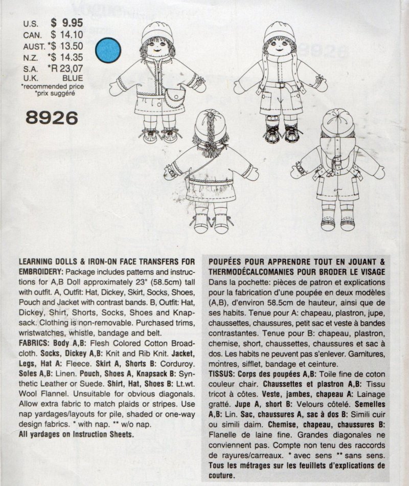 Image 1 of Vintage Doll Clothes Vogue Craft Doll Sewing Pattern 8926 Boy Girl Doll 23 Inch
