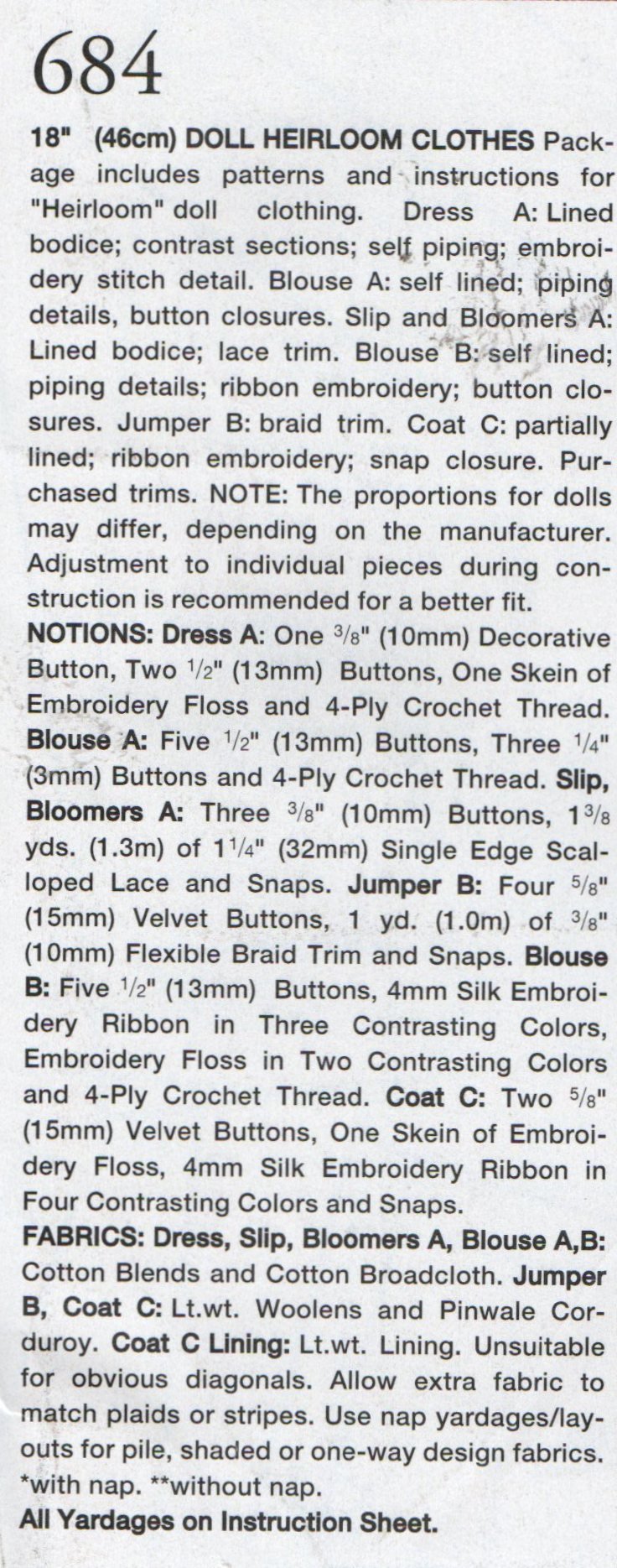 Image 1 of Vogue Craft Pattern 684 Doll Clothes Collection Teresa Layman 18” Dolls Clothi