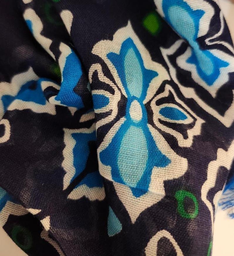 Image 2 of Vera Bradley Ink Blue Scarf Rayon Shaw Wrap 3 Shades of Blue Green Accent