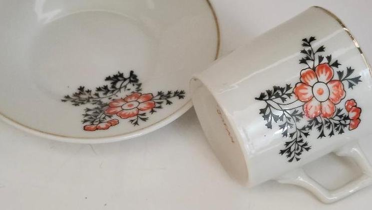 Image 2 of Japan Oriental Teacup Saucer Oriental Espresso Turkish Coffee Orange Flowers Vtg