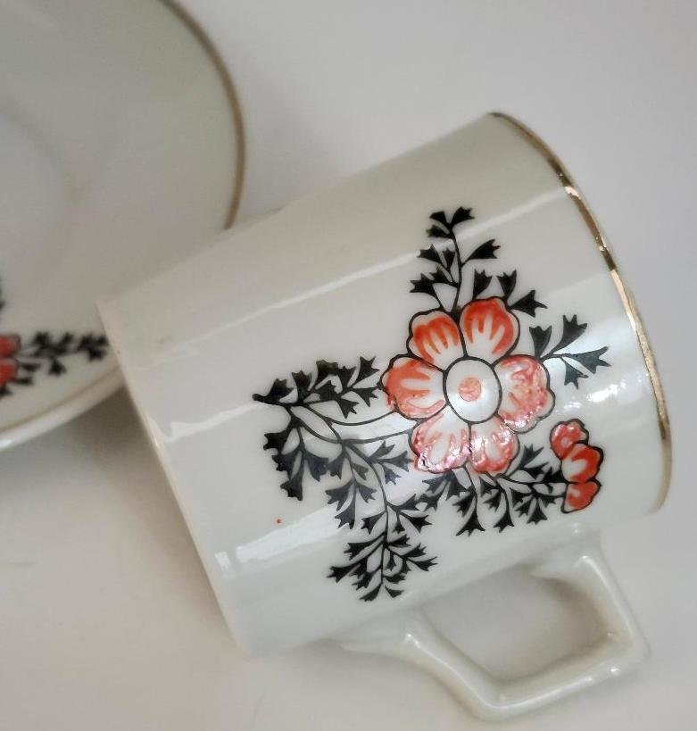 Image 3 of Japan Oriental Teacup Saucer Oriental Espresso Turkish Coffee Orange Flowers Vtg
