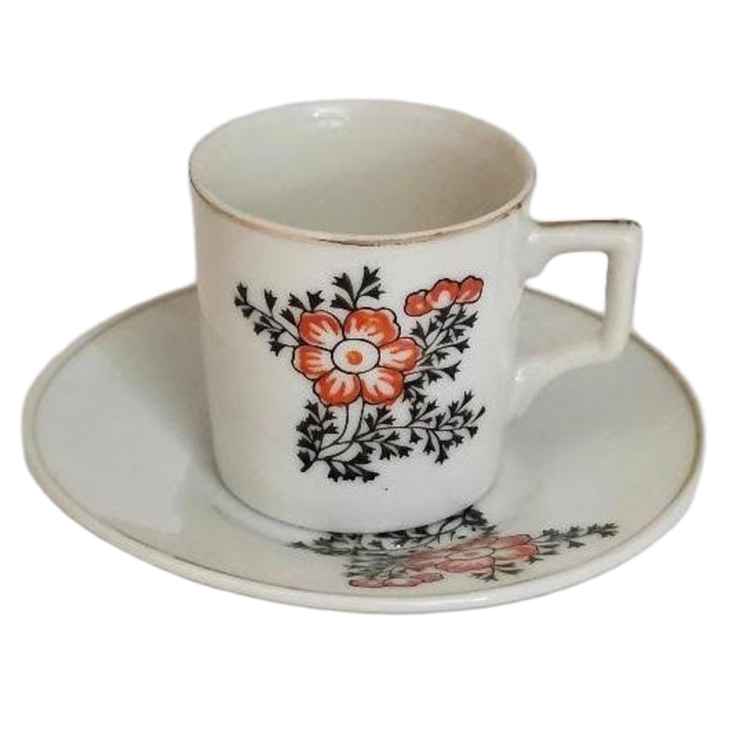 Japan Oriental Teacup Saucer Oriental Espresso Turkish Coffee Orange Flowers Vtg