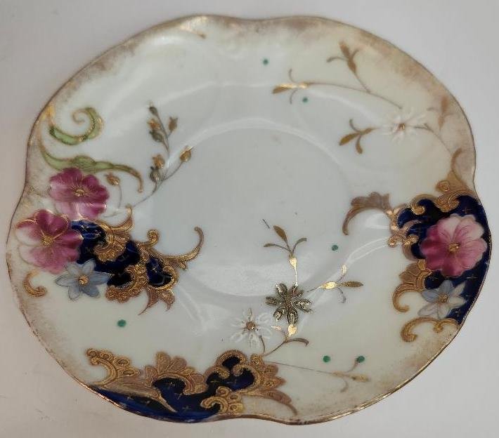 Image 1 of Vintage Saucer Patterned with Pink Blue Flowers Heavy Gold Trim Accent