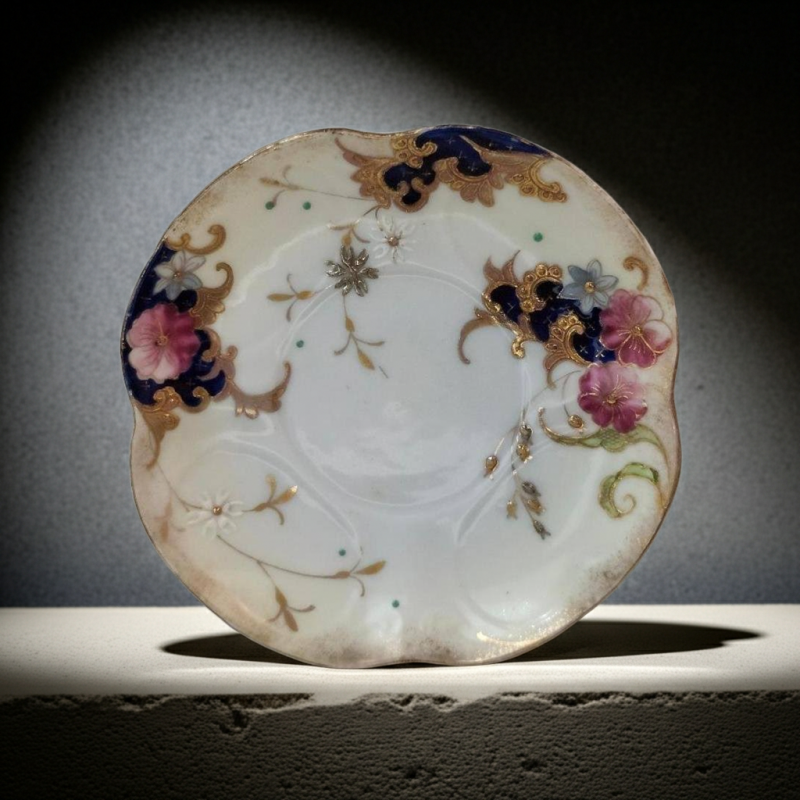 Image 0 of Vintage Saucer Patterned with Pink Blue Flowers Heavy Gold Trim Accent