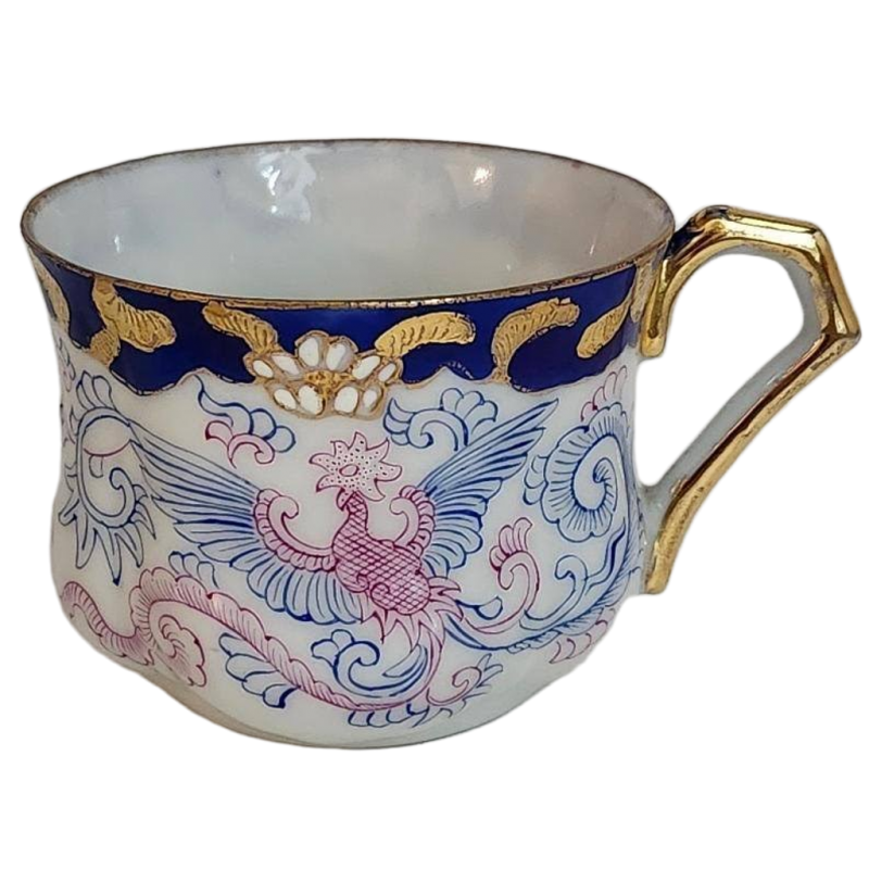 Oriental Petite Teacup colored in Pink Blue Wings Heavy Gold Trim Accent Vintage