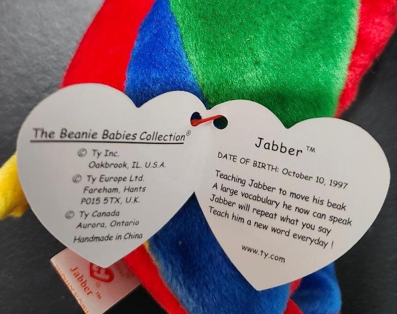 Image 2 of Ty Beanie Baby Parrot Tropical Bird Called Jabber Small Errors 1997 1998