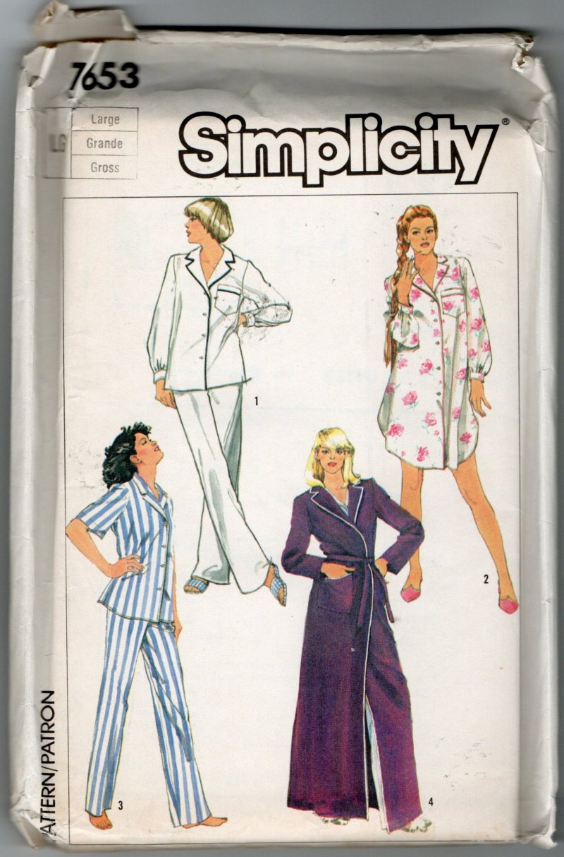 Image 1 of Simplicity Womens Sewing Pattern 7653 Robe Pajama Outfits PJ Jammies Large L Vtg