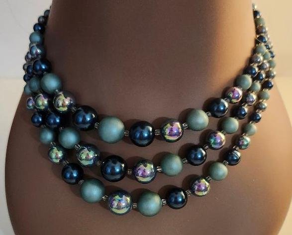 Image 1 of Three Strand Graduated Necklace Round Iridescent Beads Teal Purple Japan Vintage