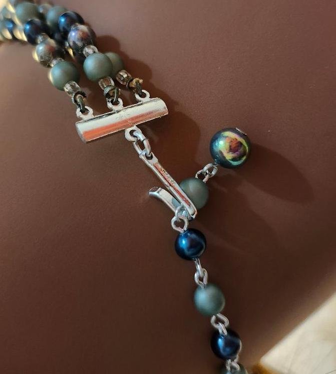 Image 2 of Three Strand Graduated Necklace Round Iridescent Beads Teal Purple Japan Vintage
