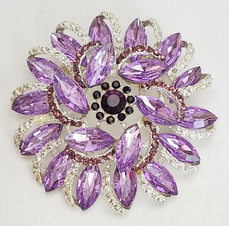 Image 1 of High End Vintage Style Blingy Pinwheel Flower Brooch Purple Crystals Silver Tone