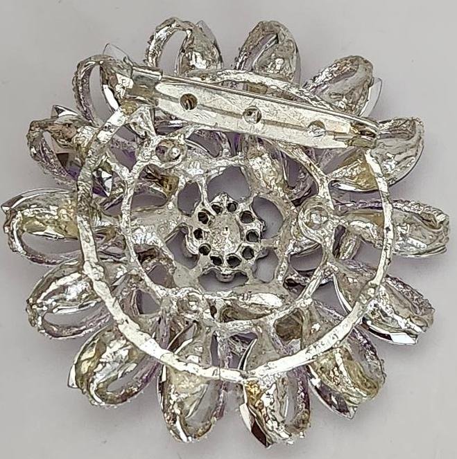 Image 3 of High End Vintage Style Blingy Pinwheel Flower Brooch Purple Crystals Silver Tone