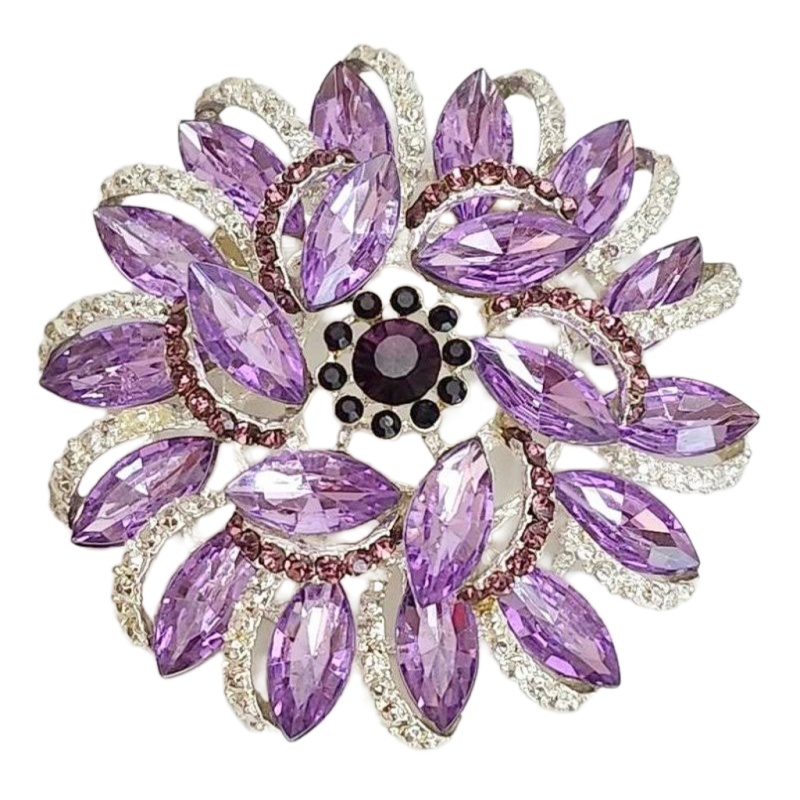 High End Vintage Style Blingy Pinwheel Flower Brooch Purple Crystals Silver Tone