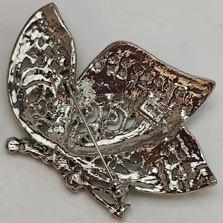 Image 2 of Green Butterfly Brooch by RMN with Aurora Borealis and Crystals Vintage Jewelry