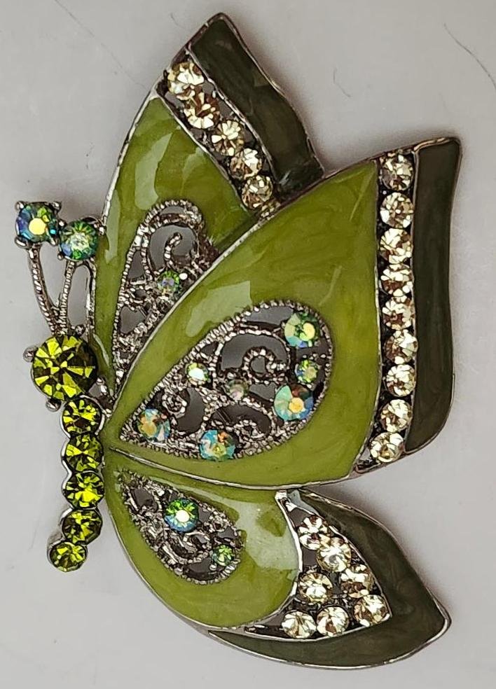 Image 1 of Green Butterfly Brooch by RMN with Aurora Borealis and Crystals Vintage Jewelry