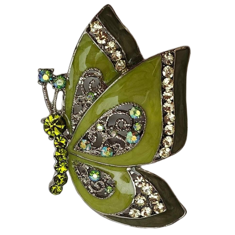 Green Butterfly Brooch by RMN with Aurora Borealis and Crystals Vintage Jewelry