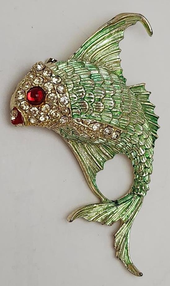 Image 1 of Mid Century Vintage Green Gold Fish Figural Brooch w/ Paved Crystals Red Eye
