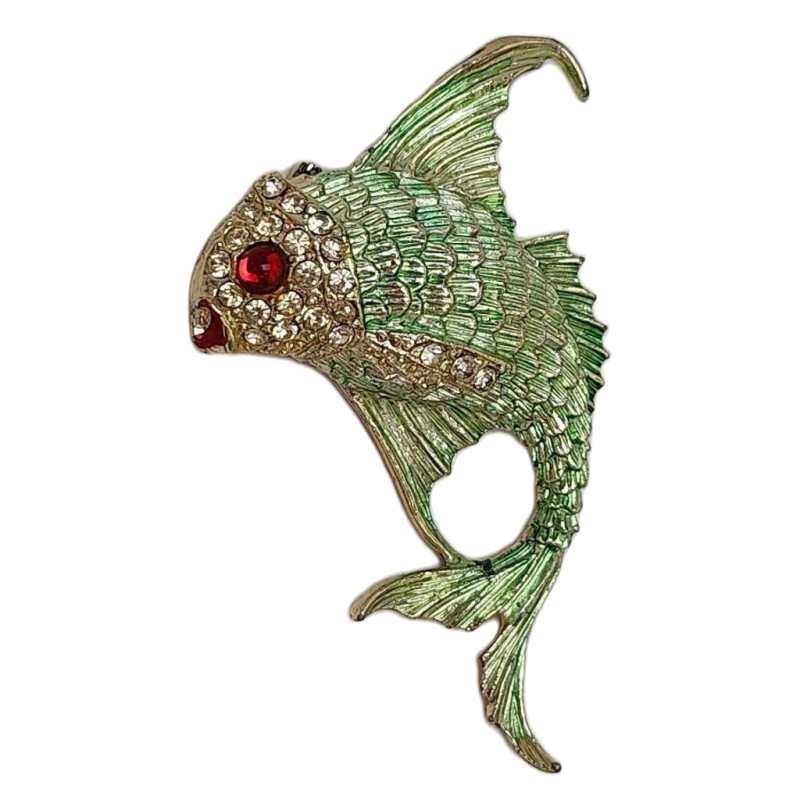 Mid Century Vintage Green Gold Fish Figural Brooch w/ Paved Crystals Red Eye