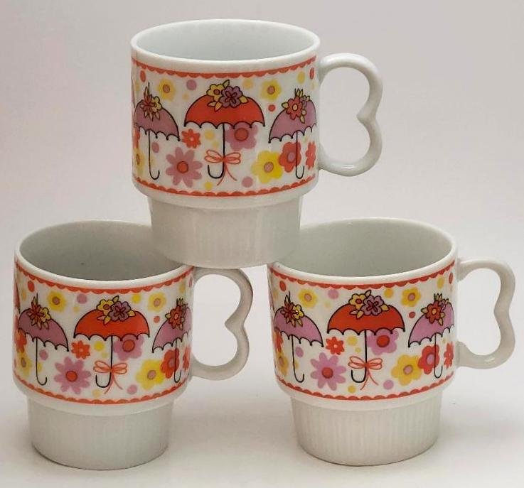 Image 1 of Japanese Umbrella Daisy Cups Retro Japan Cup Lot Set 3 Stackable Heavy Duty Cups