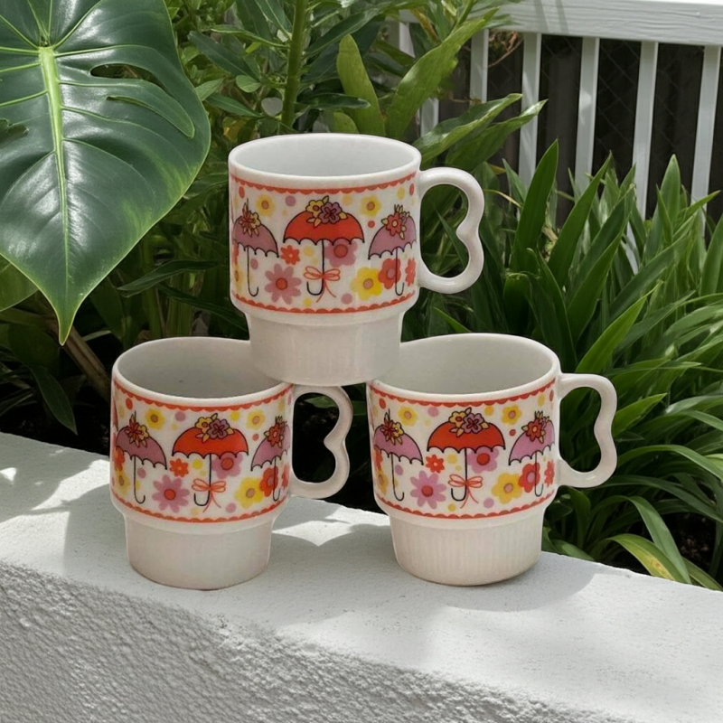 Image 0 of Japanese Umbrella Daisy Cups Retro Japan Cup Lot Set 3 Stackable Heavy Duty Cups