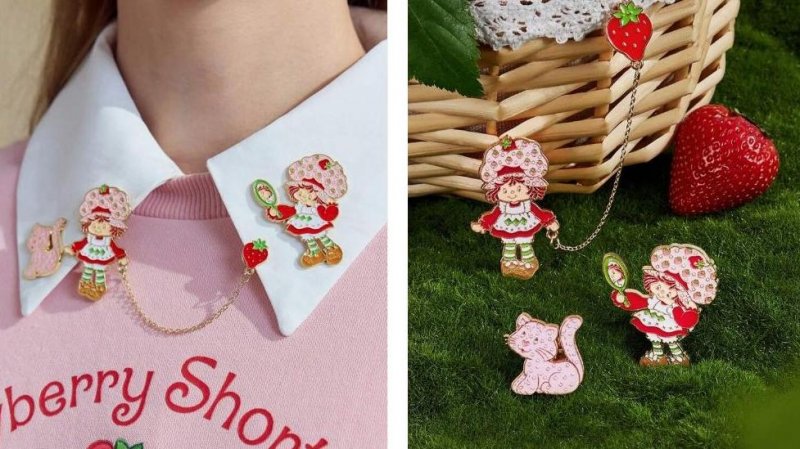 Image 2 of Strawberry Shortcake Childrens Jewelry Kids Girls Shirt Collar Pins Retro Doll