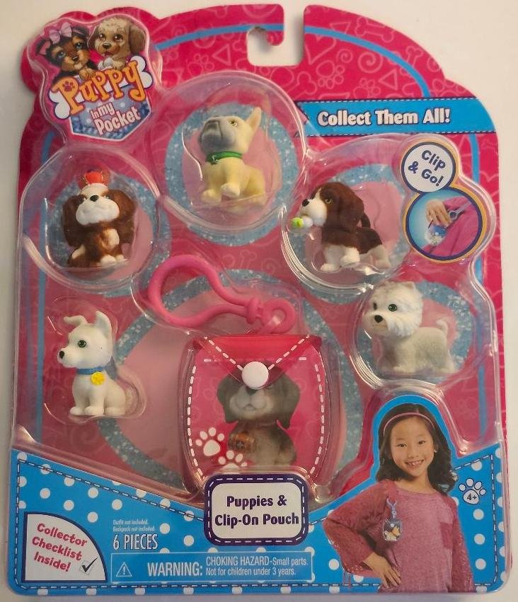 Flocked Puppy In My Pocket Series Clip & Go Puppies Clip On Pouch 6 Pieces Set
