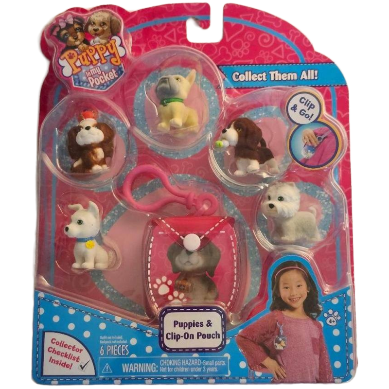Flocked Puppy In My Pocket Series Clip & Go Puppies Clip On Pouch 6 Pieces Set