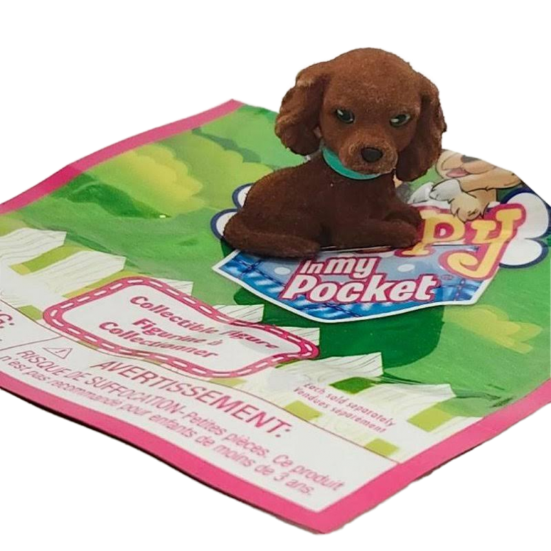 Puppy In My Pocket Dark Chocolate Brown Flocked Puppy Dog Blue Collar 2024