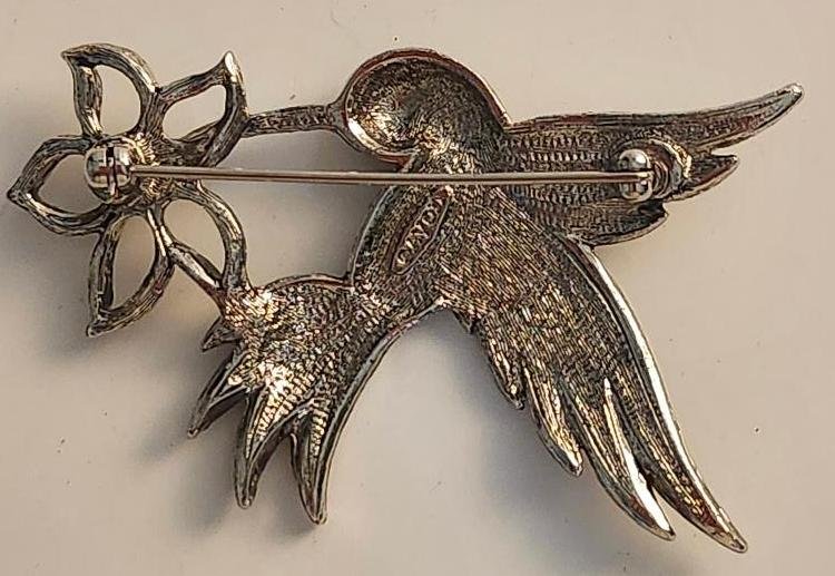 Image 2 of Vintage Avon Hummingbird Brooch in Silver Tone Metal Black Detail w/ Flower