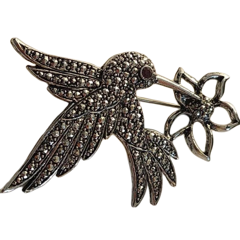 Vintage Avon Hummingbird Brooch in Silver Tone Metal Black Detail w/ Flower