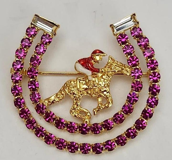 Womens Horseshoe Polo Brooch Pink Clear Crystals Horse Figure Enamel Horse Rider