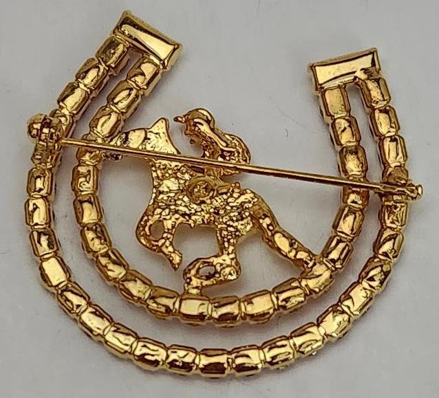 Image 2 of Womens Horseshoe Polo Brooch Pink Clear Crystals Horse Figure Enamel Horse Rider
