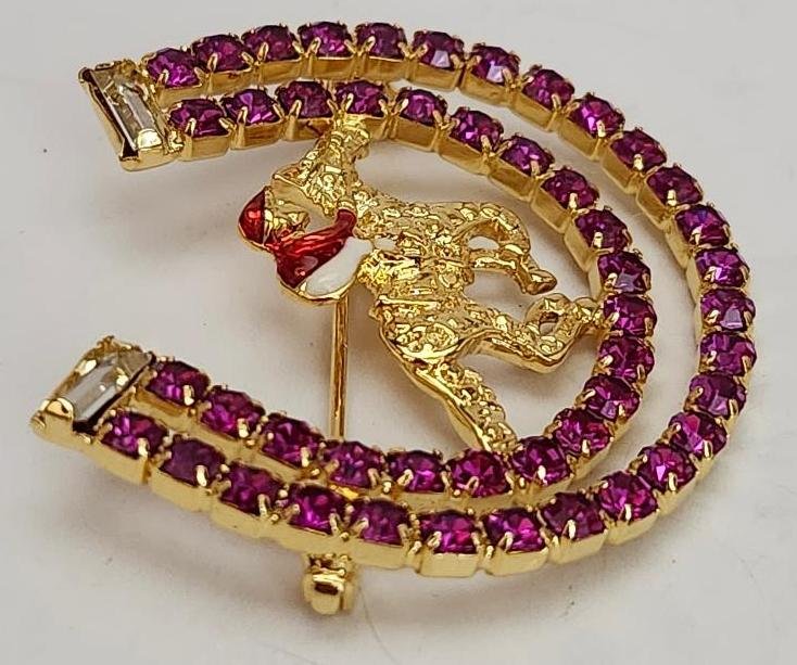 Image 1 of Womens Horseshoe Polo Brooch Pink Clear Crystals Horse Figure Enamel Horse Rider