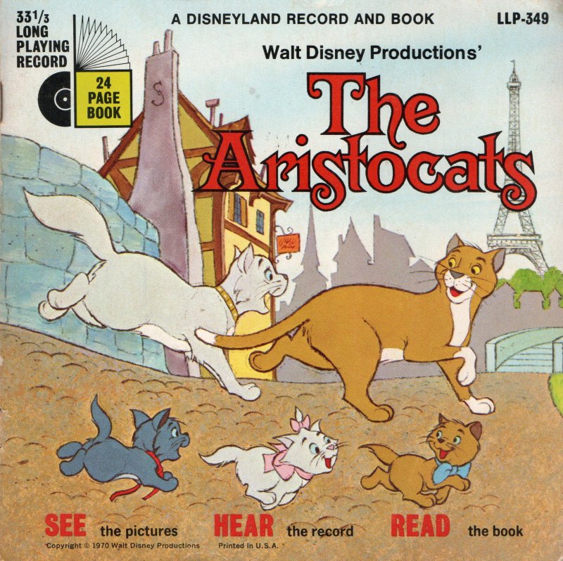 The Aristocats 33 1/2 Speed Long Playing Record Childrens Vintage Book 349