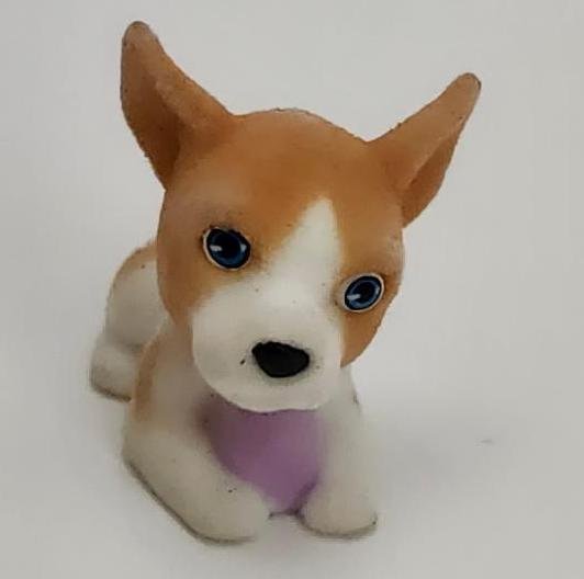 Puppy In My Pocket Flocked Brown Dog Tilted Head Purple Toy Pretend Play Toy