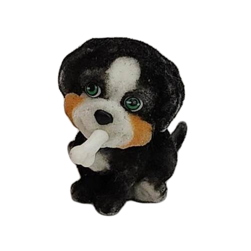 Puppy In My Pocket Black Flocked Dog w/ Dog Bone Pretend Play Toy Figure