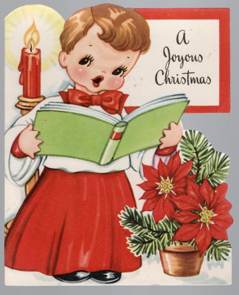 A Joyous Christmas Greeting Card Girl Singing a Carol Die Cut w/ Envelope Unused
