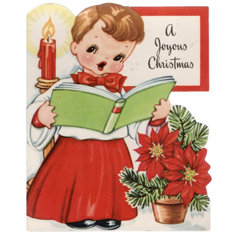 A Joyous Christmas Greeting Card Girl Singing a Carol Die Cut w/ Envelope Unused