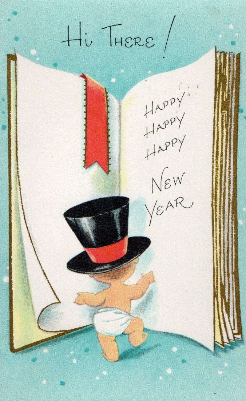 Happy New Year True Vintage Greeting Card Baby w/ Tall Hat Open Page Book Buzza