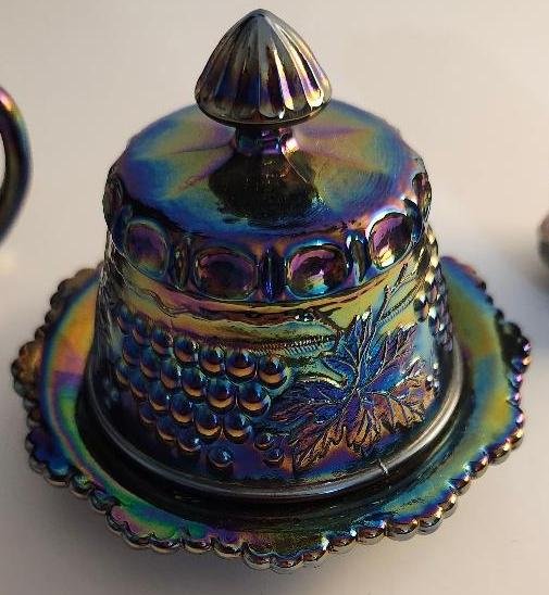 Image 1 of Blue Carnival Glass Set Moser Glass Co Vintage Butter Dish Creamer Sugar Bowl