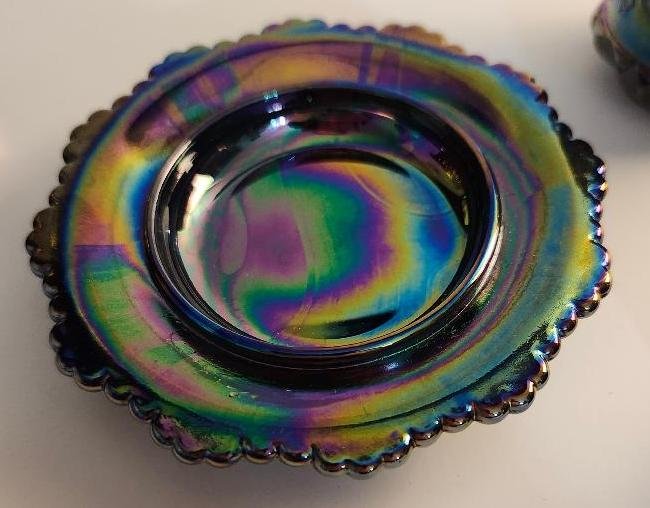 Image 2 of Blue Carnival Glass Set Moser Glass Co Vintage Butter Dish Creamer Sugar Bowl