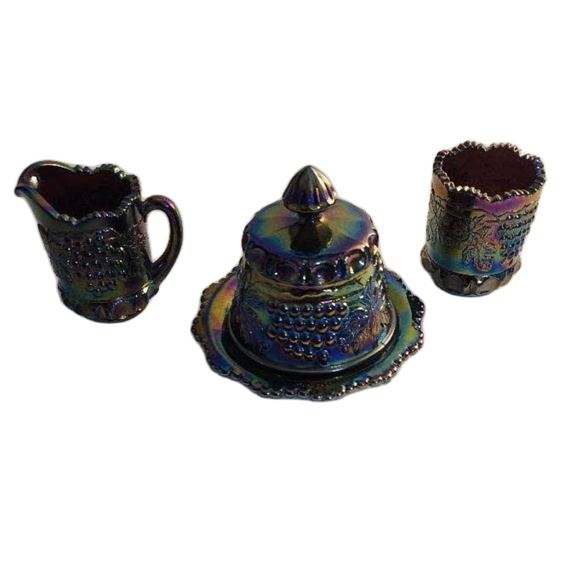 Blue Carnival Glass Set Moser Glass Co Vintage Butter Dish Creamer Sugar Bowl