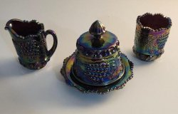 Blue Carnival Glass Set Moser Glass Co Vintage Butter Dish Creamer Sugar Bowl