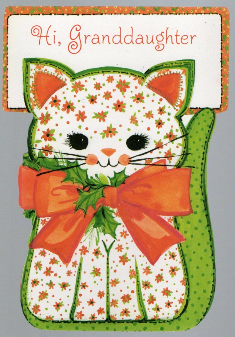 Hi, Granddaughter Hello Christmas Greeting Card Kitten Kitty Cat Die Cut Unused