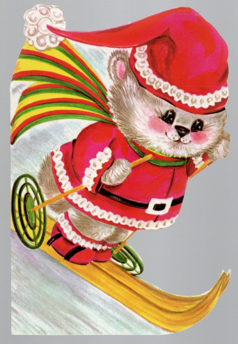 Santa Claus Animal Skiing Ski Slope Christmas Greeting Card Die Cut Unused